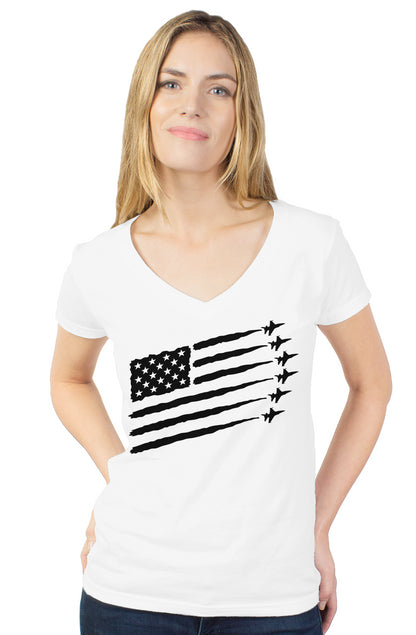 "American Flag" Fighter Jet - womens tultex v neck