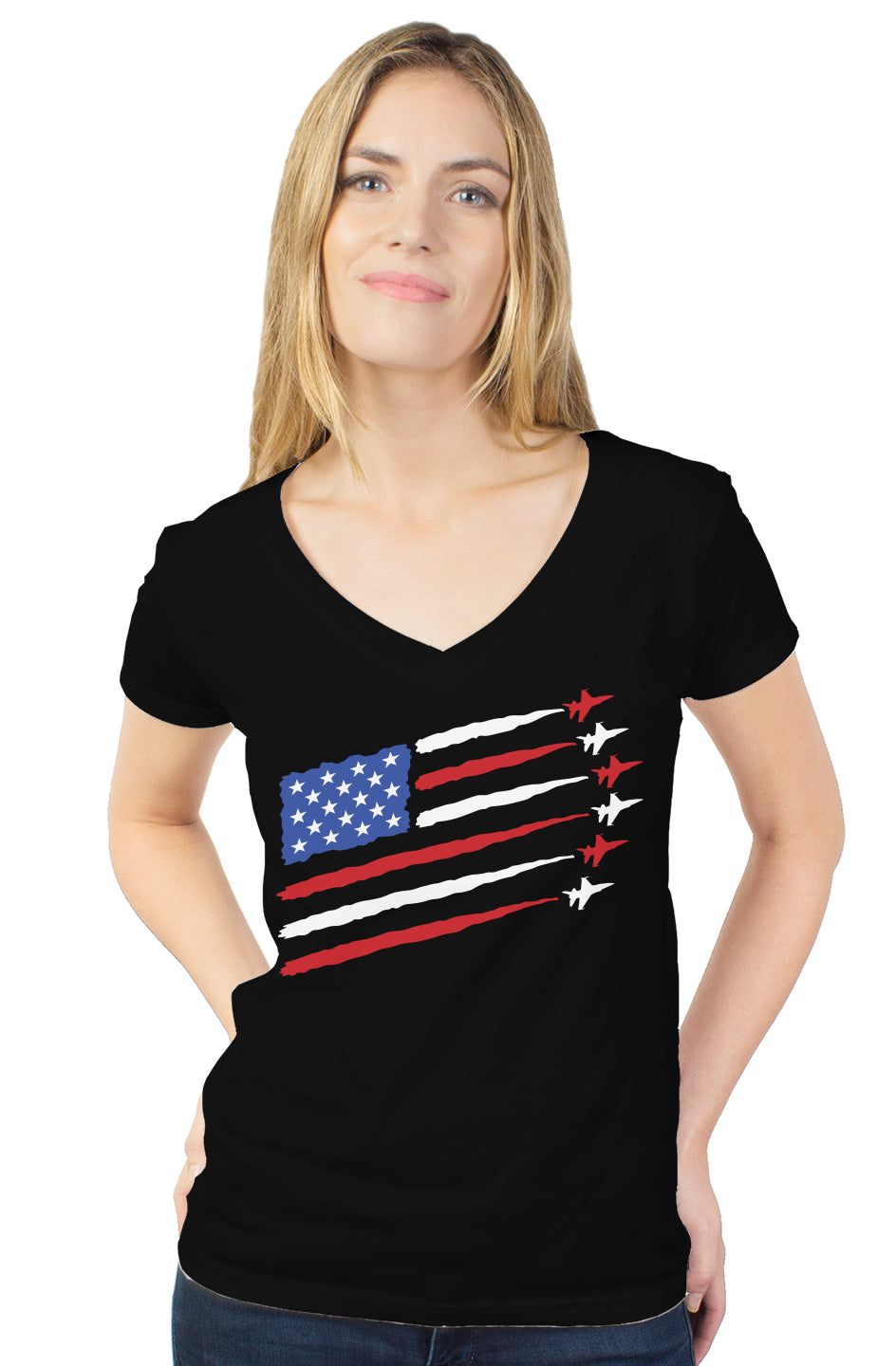 "American Flag" Fighter Jet - womens tultex v neck