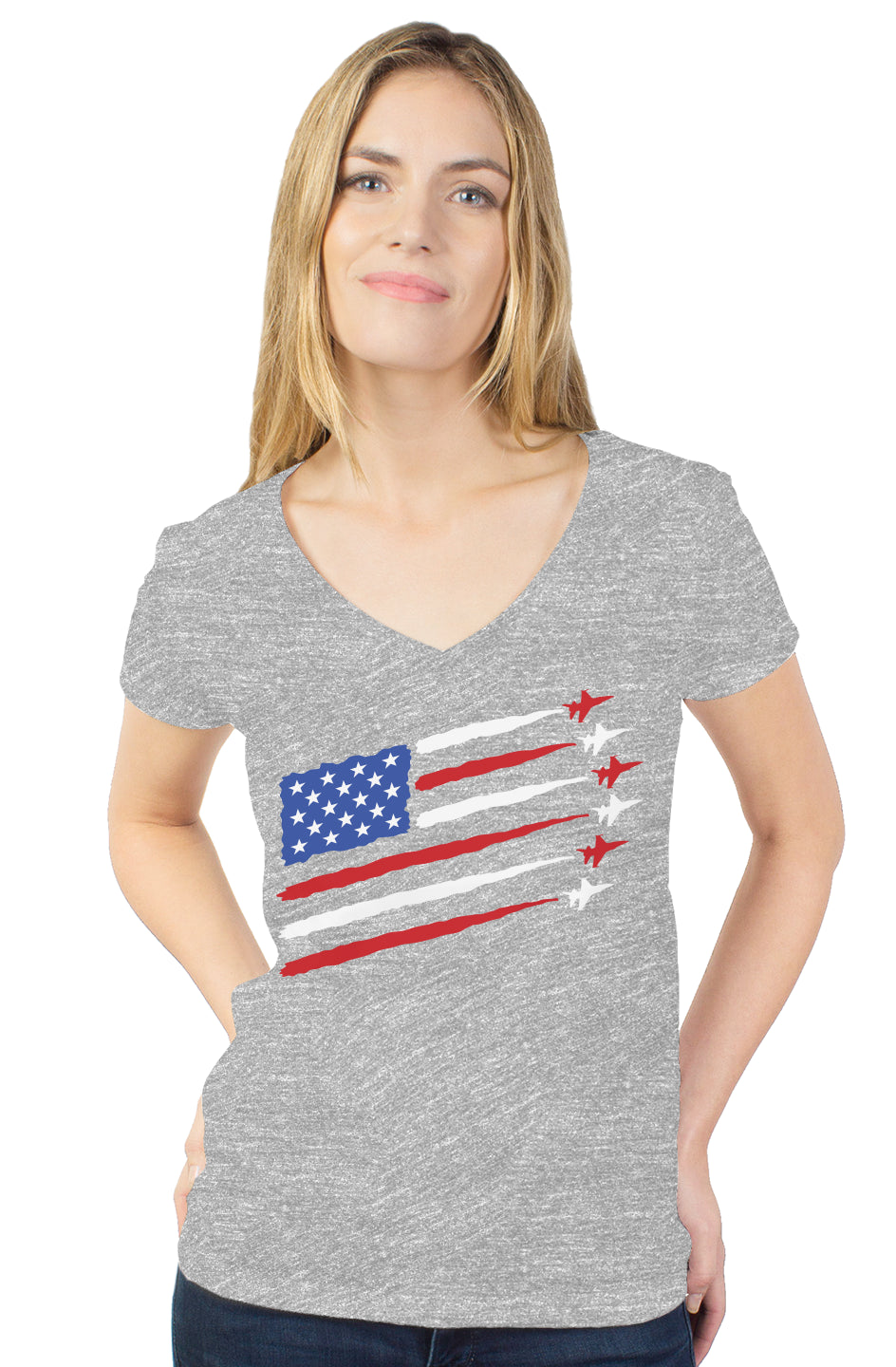 "American Flag" Fighter Jet - womens tultex v neck